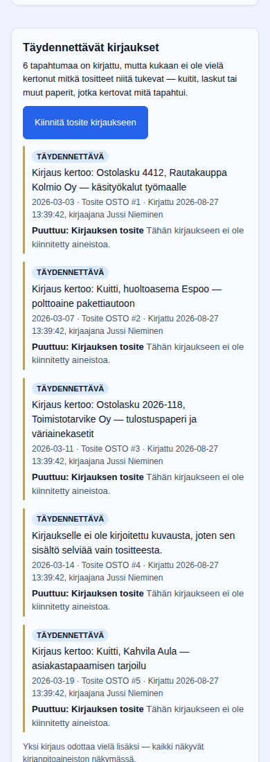 Sama lista 390 pikselin näytöllä: yksi teko ensin, sitten tehtävät