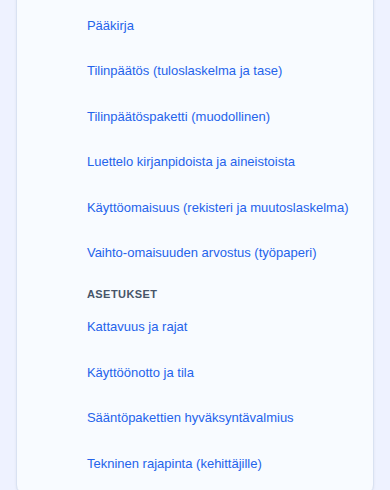 Sama näkymäluettelo 390 pikselin näytöllä: ASETUKSET päättyy kohtaan Tekninen rajapinta